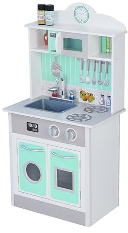 Teamson Kids Little Chef Madrid Classic Interactive Wooden Play Kitchen with Sink, Oven, Microwave and Storage Space for Easy Clean Up, Grey with Mint Accents