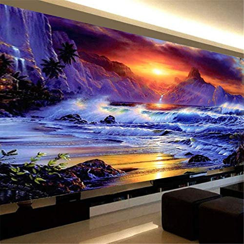 RAILONCH DIY 5D Diamant Painting Strand Sonnenuntergang, Runde Strass Stickerei von Zahlen für Wohnkultur (120x70cm)