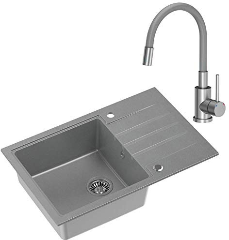 VBChome Spüle mit Armatur 78 x 50 cm Tiefes Becken 20cm Grau Küche Große Abtropfflache Unterschränke ab 55 cm Einbauspüle Verbundspüle Küchenspüle Einzelbecken + Siphon Flexibel Wasserhahn