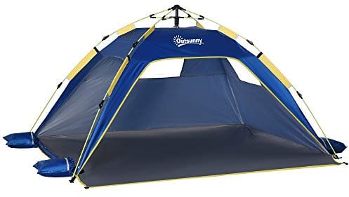 Outsunny Tenda da Spiaggia con Finestre Richiudibili e Porta a Cerniera, Tenda Istantanea in Poliestere e Fibra di Vetro, 220x173x120 cm, Blu Scuro e Giallo