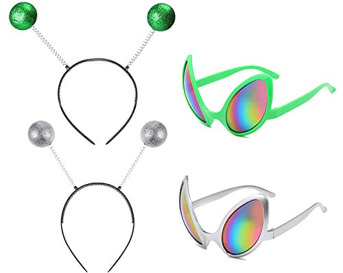 Alien Brille Martian Antenne Stirnband 2 Stück Silberrahmen-Farbfolie Und Grünrahmen-Farbfolie, 2 Stück Alien-Stirnband, Geeignet Als Foto-Requisiten Und Atmosphären-Requisiten Für Urlaubspartys