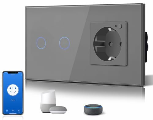 BSEED interruptores de luz Wifi,interruptores tactil empotrado y Enchufe con Tipo C y USB,Panel de Cristal,Control Remoto,Requiere Cable Neutro,2 Gang 1 Vía + 1 WIFI Enchufe,157mm Gris