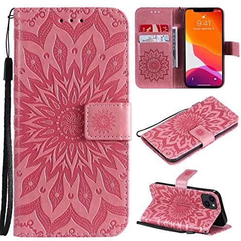Ttianfa Cover Custodia Flip per Apple iPhone 13 6.1 con 2& Vetro Temperato [2 Slot per Carte 1+Portafoglio] [Chiusura Magnetica] [Supporto] Goffratura Girasole Fiore Cordino 360° Antiurto,Oro Rosa