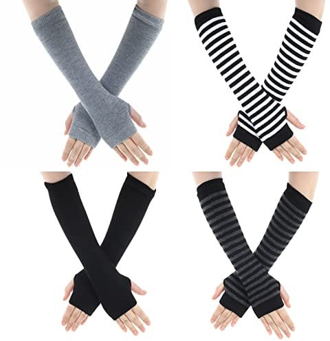 Sibba 4 Paar Gestrickte fingerlose Handschuhe Handgelenk mit Fingerlöchern dehnbar Arm Handwärmer Punk Gothic Rock Warm Frühling Unisex Fäustlinge Lange Ärmel Büro Tippen Computer (Einfarbig Streifen)