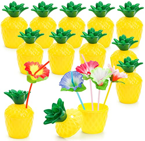 Cedilis 12 Pack 10oz/300ml Plastic Resuable Pineapple Cups with Lids and Straws, Hawaiian Luau Party Cups, Resuable Tiki Cups for Hawaiian Party Favor Decorations