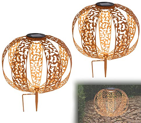 bmf-versand® Solarlampen für Außen Garten Kugel 2er Set Solarleuchten Balkon Wetterfest Solarlampe Outdoor Gartendeko Solar Erdspieß Gartenleuchten Außenbeleuchtung LED (Optik Rost 30 cm)