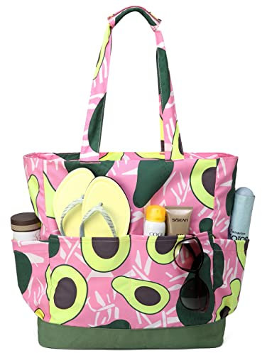 VASCHY Borsa Mare Donna,Borsa Spiaggia Tela Grande Famiglia Impermeabile con Cerniera Beach Bag Pieghevole con Tasche Multifunzione Avocado Rosa