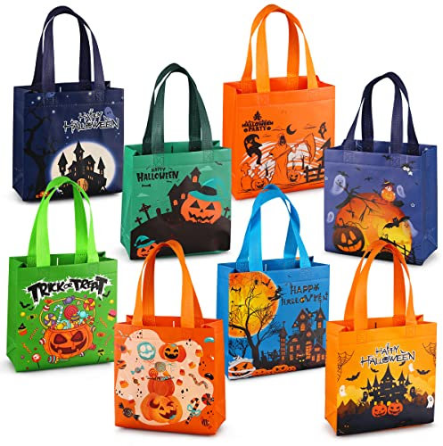 8 Stück Halloween Trick or Treat Taschen, Halloween Tragetaschen mit Griffen, Geschenktüten, multifunktionale Non-Woven Halloween Taschen zum Verpacken von Geschenken, Halloween Party Zubehör