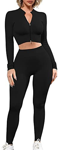 Women Yoga Outfit Fitness Sportswear Suit 2 Piece Seamless Long-Sleeve Full Zip Crop Top+High Waist Running Legging Sets(Black,M)