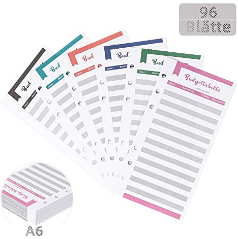96 Blätte Budget Planner Deutsche A6 Nachfüllpapier (182 Seiten), 6 Holes Budget Sheets Zubehör für Binder Notebook (6 Farben)