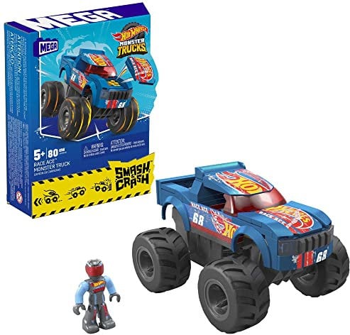 MEGA Hot Wheels Smash-und-Crash Race Ace Monster Truck - 85-teiliges Bauset, Smash-und-Crash-Funktion, rote und Blaue Lackierung, bewegliche Micro-Actionfigur, ab 5 Jahren, HMM49