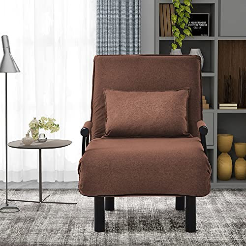 HUMNZR Schlafsofa mit Bettfunktion klappbar,150 kg ertragender Schlafsessel, 3 in 1 Schlafsessel inkl. Kopfkissen, Bettsessel mit fünf Stufen verstellbare, Rückenlehne für Wohnzimmer,Brown