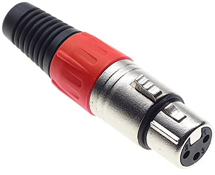 3 Pole XLR Socket, Red - Female Audio Mic Microphone DMX Plug Jack Socket, Nicked-Plated Adapter, Metal Construction Connector With Plastic Housing