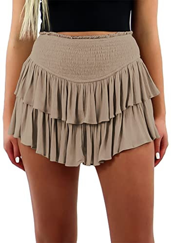 FEOYA Damen Mini Plissee Röcke Basic Hosenrock Mädchen Gummibund Rock mit Innenhose Hersteller M/DE Größe 34-Khaki
