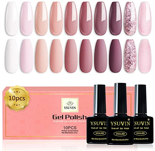 YSUVIN UV Nagellack, 10 Farben Rosa Nude Pastell Weiß Glitter Gel Nagellack Set Soak-Off UV Gellack für Anfänger DIY Nail Art Maniküre Salon, Langlebig, 8ML