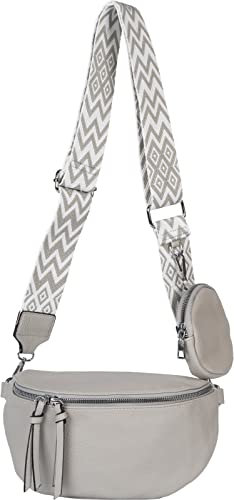 styleBREAKER Damen Halbmond Crossbody Schultertaschen Set 2-Teilig, Schultergurt mit Zick-Zack Rauten Muster 02012396, Farbe:Hellgrau