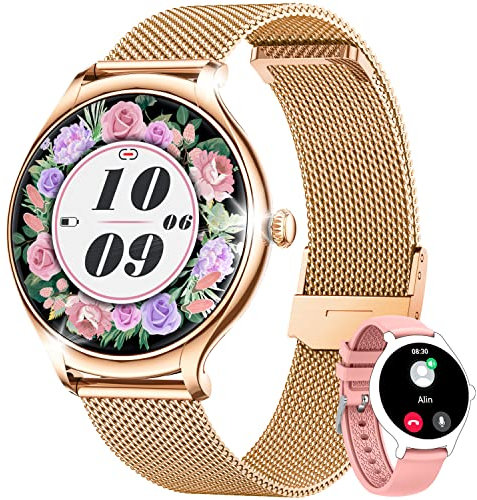 Reloj Inteligente Mujer con Llamadas Smartwatch: Relojes Inteligentes Mujer con Pulsometro Oxímetro Cuenta Pasos Pulsera Actividad 1.39 Redondo Pantalla Completa Smart Watch para iPhone Android