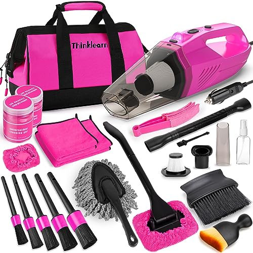 ThinkLearn Kit de Nettoyage pour Intérieur de Voiture avec Aspirateur à Main Haute Puissance, 7 Brosses de Détail et Sac d'Accessoires Rose pour Femme