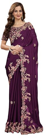 TRENDMALLS Sari da donna Rangoli Silk Heavy Ricamato, viola, taglia unica