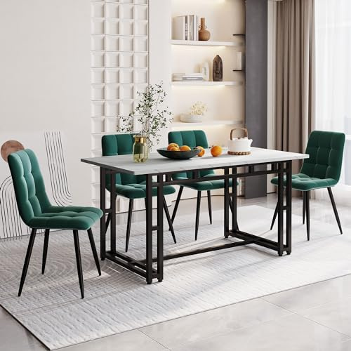 KUAKE 140x80cm Esstisch mit 4 Stühlen Set,Moderne Küche Esstisch Set, Schwarz Eisen Beintisch (Dunkelgrüner Esszimmerstuhl)