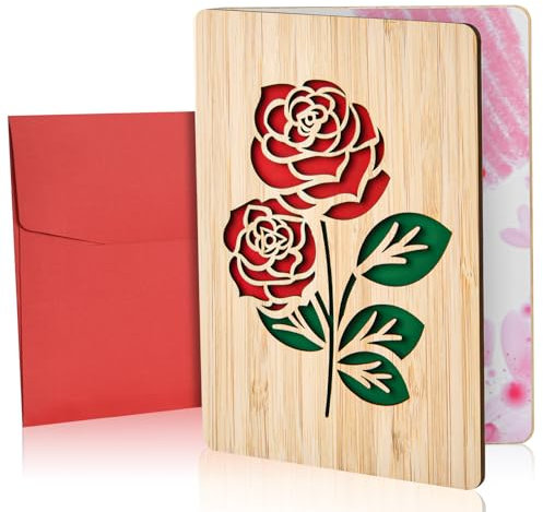 Vicloon Holzkarte aus Bambus, Hochzeitskarten Jahrestag Karten, Holz Geburtstagskarte, Einladung Karte Holz, Valentinstag Karte Holz, Premium Kreative Geschenkkarte mit Umschlag(doppelte rote Rose)