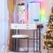 Figbird Schminktisch mit Spiegel, RGB LED Schminktisch mit Beleuchtung Hocker Schubladen Glasplatte 3 Schubladen Schminken Tisch, Frisiertisch für Schlafzimmer Wohnzimmer Make Up Table Schwarz Weiß