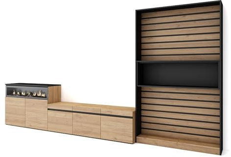 Skraut Home | Muebles de Salón para TV | Conjunto de Muebles Comedor | 360x186x35cm | para TV hasta 65 | Chimenea eléctrica | Estilo Moderno | Roble y Negro