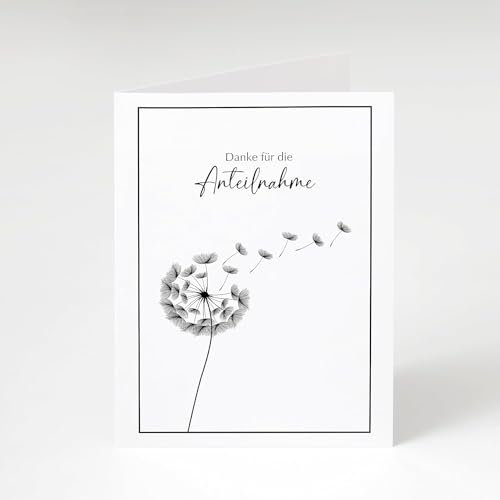 WBdesignz 10er Set Trauer Dankeskarten mit Umschlägen – „Danke für die Anteilnahme“ – stilvolle Karten mit Pusteblume, dezentes Schwarz-Weiß-Design - Trauer Danksagung Karten Set (DIN A6)