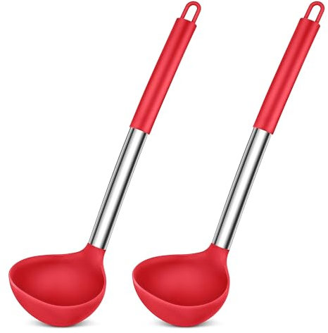 Herogo Set di 2 mestoli in silicone, mestolo da 31 cm, con manico in acciaio inox, cucchiaio grande per zuppe, resistente al calore e antiaderente, facile da pulire, rosso