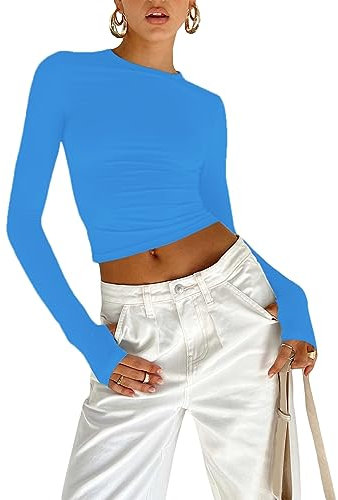 OYIGELZ Long Sleeve Tops Women's Basic T-Shirt Long Sleeves Crop Top Y2K Slim Fit Casual Round Neck Tee Shirt Streetwear(Light Blue-b,XS)