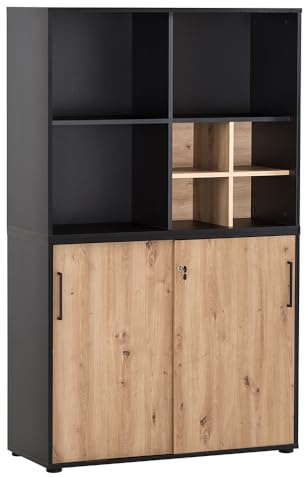 Lomadox Büroschrank Aktenschrank (3-teilig) in schwarz matt mit Eiche