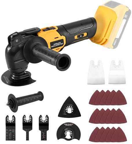 Herramienta oscilante inalámbrica, herramienta orbital sin escobillas compatible con batería De-Walt de 20 V, kit multiherramienta de 23 piezas con mango auxiliar para cortar, raspar, lijar, 6