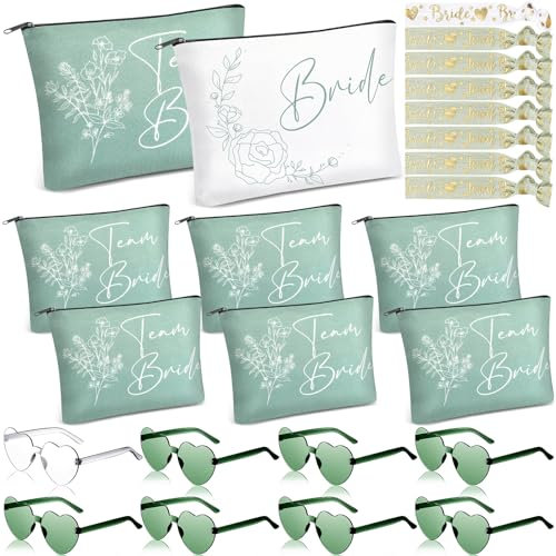 Ylinge 24 Stück Braut Geschenke Team Bride Makeup Tasche JGA Brille Armbänder Set 8 Kosmetiktaschen 8 Herz Sonnenbrillen 8 Armbändern für Brautparty Junggesellenabschied Hochzeit Verlobung