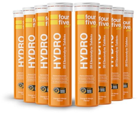 fourfive Hydration Tablets (Orange & Mango) Low Calorie Vitamin Electrolytes, Vegan, Magnesium & Calcium, Sports Hydration - 8x20 Effervescent