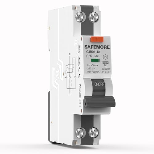SAFEMORE FI/LS-Schalter, 30mA Fehlerstromschutzschalter, 1P+N, 6kA, 25A Nennstrom, RCD-geschützter Leistungsschalter, 230V, Typ A, Kurve C, DIN-Schienen-Montage