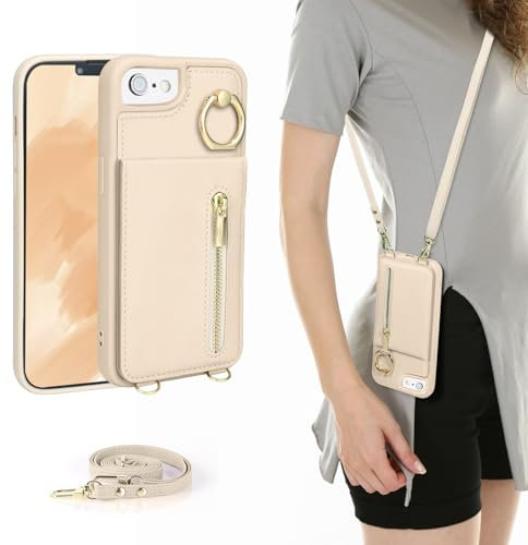 Jcxtrombulous Crossbody Wallet Case for iPhone 7/8/SE 2020/SE 2022 with Lanyard Strap Card Slot Holder 360° Kickstand,Magnetic Flip Folio Zipper Purse Case, PU Leather Cover Handbag,Beige