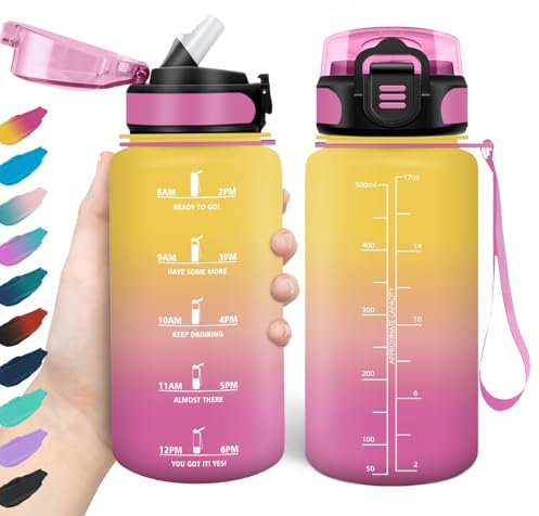 HoneyHolly Trinkflasche 500ml, Auslaufsicher, Wasserflasche BPA-Frei, Motivierende mit Zeitmarkierung, Trinkflasche mit Strohhalm, Trinkflasche Sport für Kinder, Fahrrad, Fitness, Schule, Büro