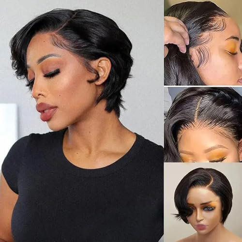 Fereowth 13x4 Lace Front Wig Echthaar Perücken für Deman Pixie Cut Wigs Echthaar Kurze Bob Perücken Schwarz vorgezupft mit Babyhaar 150% Dichte