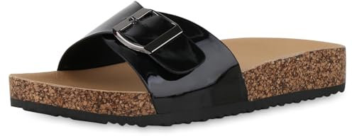 VAN HILL Damen Pantoletten Flach Lack Bequem Schuhe 216161 Schwarz Lack 40