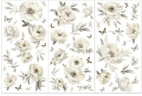 OLYCRAFT Juego de 3 adhesivos para muebles y manualidades, 15 x 30 cm, diseño de flores blancas, calcomanías de transferencia con temática de flores, calcomanías para muebles de madera, decoración del