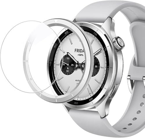 RuenTech Bisel y cristal protector compatible para Xiaomi Watch S3/S4, anillo de bisel resistente a los arañazos, cubierta de acero inoxidable para Xiaomi Watch S3/S4 accesorios (plata, grabado)