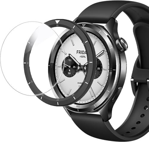 RuenTech Bezel und Schutzglas kompatibel für Xiaomi Watch S3/S4, Lünettenring kratzfeste Abdeckung Edelstahlschutz für Xiaomi Watch S3/S4 Zubehör (Schwarz, Gravur)