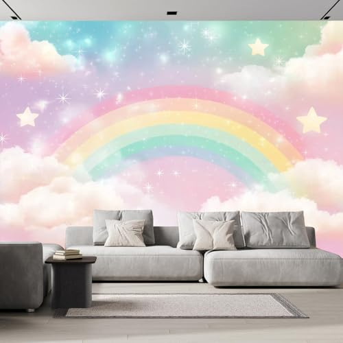 Fototapete 3D Effekt 400×280cm Seidenstoff für Wohnzimmer Schlafzimmer Wanddekoration， Cartoon-Regenbogen Fototapeten Wandtapete Funkelndes Sternenlicht wandbild Fototapete