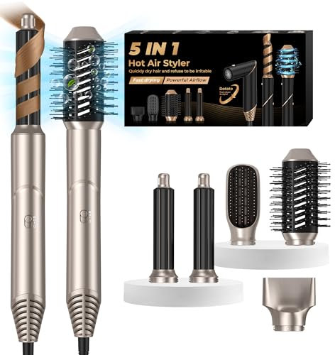 UKLISS 5 in 1 Magic Air Styler Hair Dryer Brush with Air Curlers Volumizier Blow Dryer Brush Multi-use Hair Styler for Hair Curling Straightening Detangling Airbrush Multistyler Women Gifts, Gold