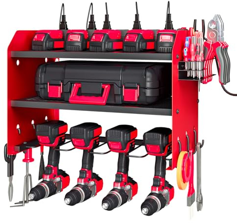 Wall Mount Power Tool Organizer with Charging Station, Red Drill Holder