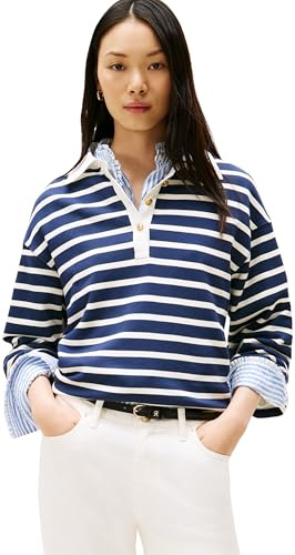 Tommy Hilfiger Donna Pullover Gold Button Rugby Terry con Colletto a Punta, Multicolore (Dark Night Navy/Ivory Silk STP), S