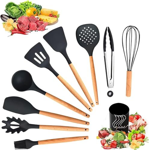 Ozvavzk Utensilios de Cocina, Kit Utensilios Cucharones de Silicona Cocina Madera Utensilios Kitchen Set, Resistente Al Calor para Hornear en la Cocina Juego de 11 Piezas Negro (2)