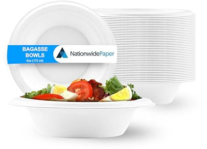 Nationwide Paper 6oz - 175ml Strong Paper Bowls Disposable Compostable Bagasse Bowl for Party Biodegradable Microwavable Soup Salad Dessert Bowls, Sturdy Paper Bowl for Hot Food - Pack of 50