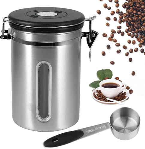 ZONJIE Kaffeedose luftdicht - 1,8L Edelstahl Kaffeebohnenbehälter 1kg Vakuum Kaffeebohnen Vorratsdose mit Messlöffel, CO2 Ventil & Datum Kaffeedose für gemahlenen Kaffee und Bohnen (Silber)