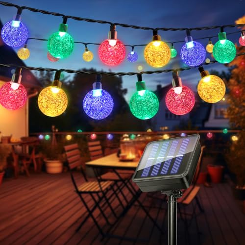 Solar Lichterkette Aussen 60LEDs, 11M 36FT Lichterkette Außen Solar Kristall Kugeln, IP65 Wetterfest, 8 Modes, Garten Lichterkette Deko für Balkon Terrassen Weihnachten Hochzeiten Partys Bäume(Bunt)